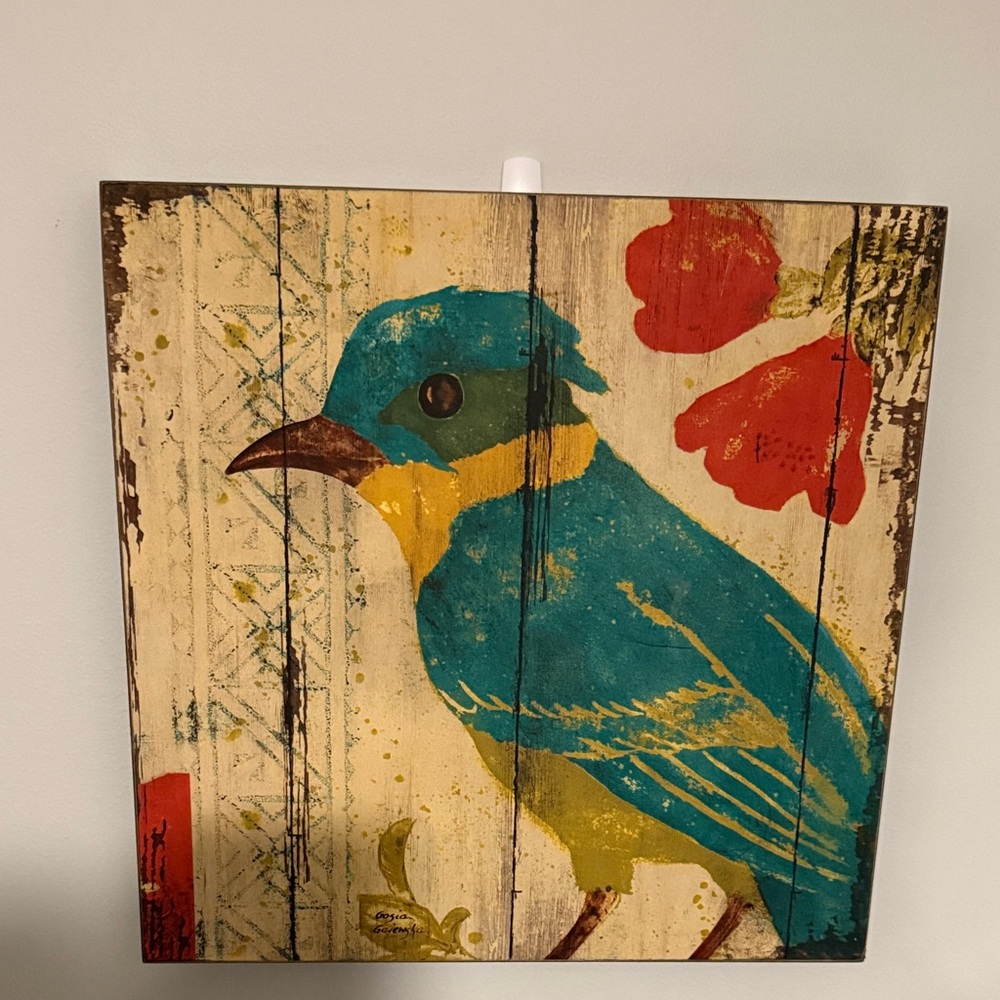 Teal and Yellow Bird wooden picture 16”x16”